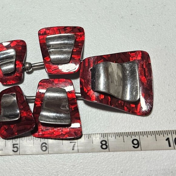 Art Deco Red Silver Chunky Geometric Pendant Necklace Statement Fashion Jewelry - Picture 5 of 5